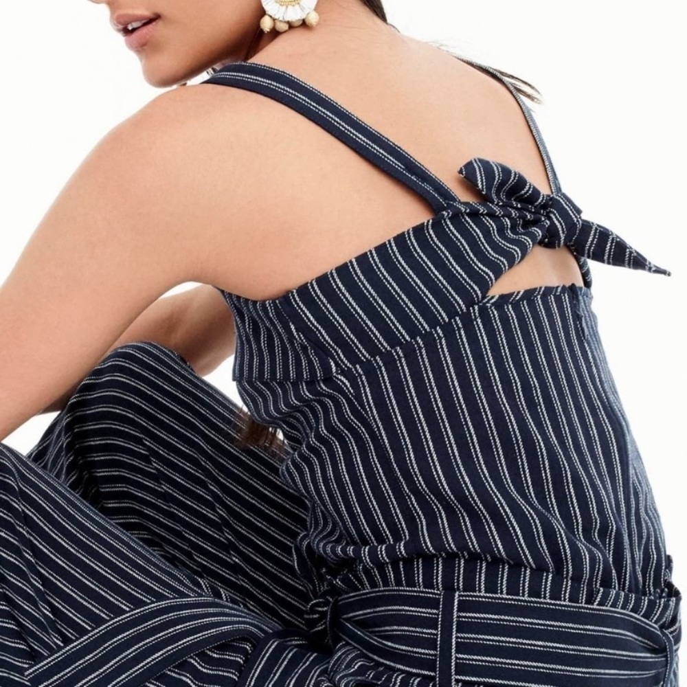 J. Crew Point Sur Freddie navy blue pinstriped back bow linen blend top sz 0 NWT